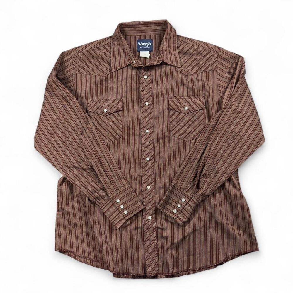 Wrangler Western Shirt Men's XL Brown Stripe Cotton Poly Rodeo Vintage